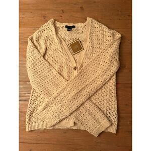Eleanor & Hobbs Open Knit Cardigan Sweater Beige Macrame Size L NWT